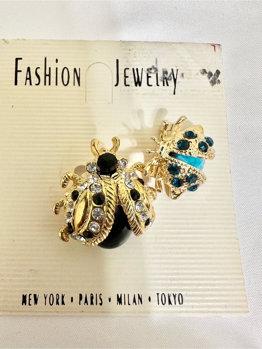 Vintage Gold Plated Beetles Brooch Set w/ Black & Teal Stones